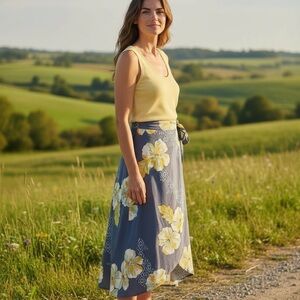 Elegant Floral A-Line Midi Skirt in Blue and Yellow